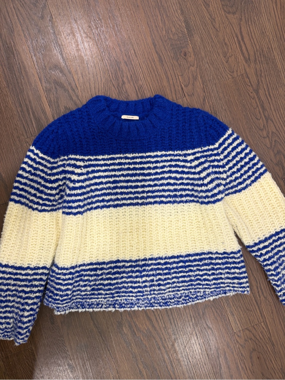 Bellerose Striped Crewneck Sweater in Bright Blue and Cream